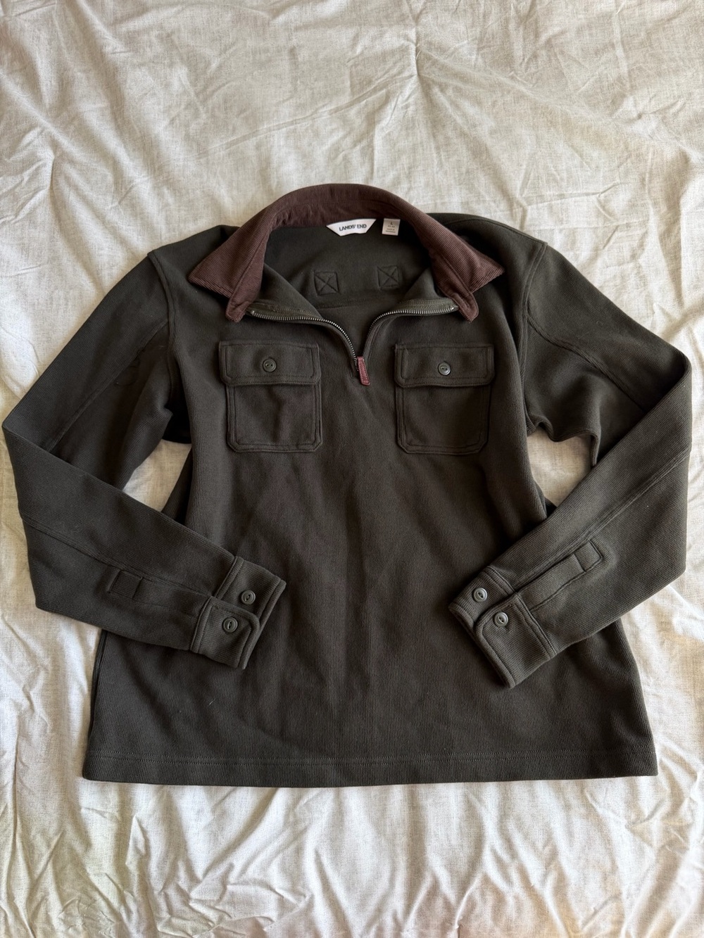 Lands’ End Olive Green Corduroy Collar Quarter Zip Pullover (L)